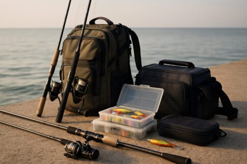 釣り場の岸壁に置かれた釣り用リュックとタックルバッグ、ロッドや道具類が整然と並んでいる