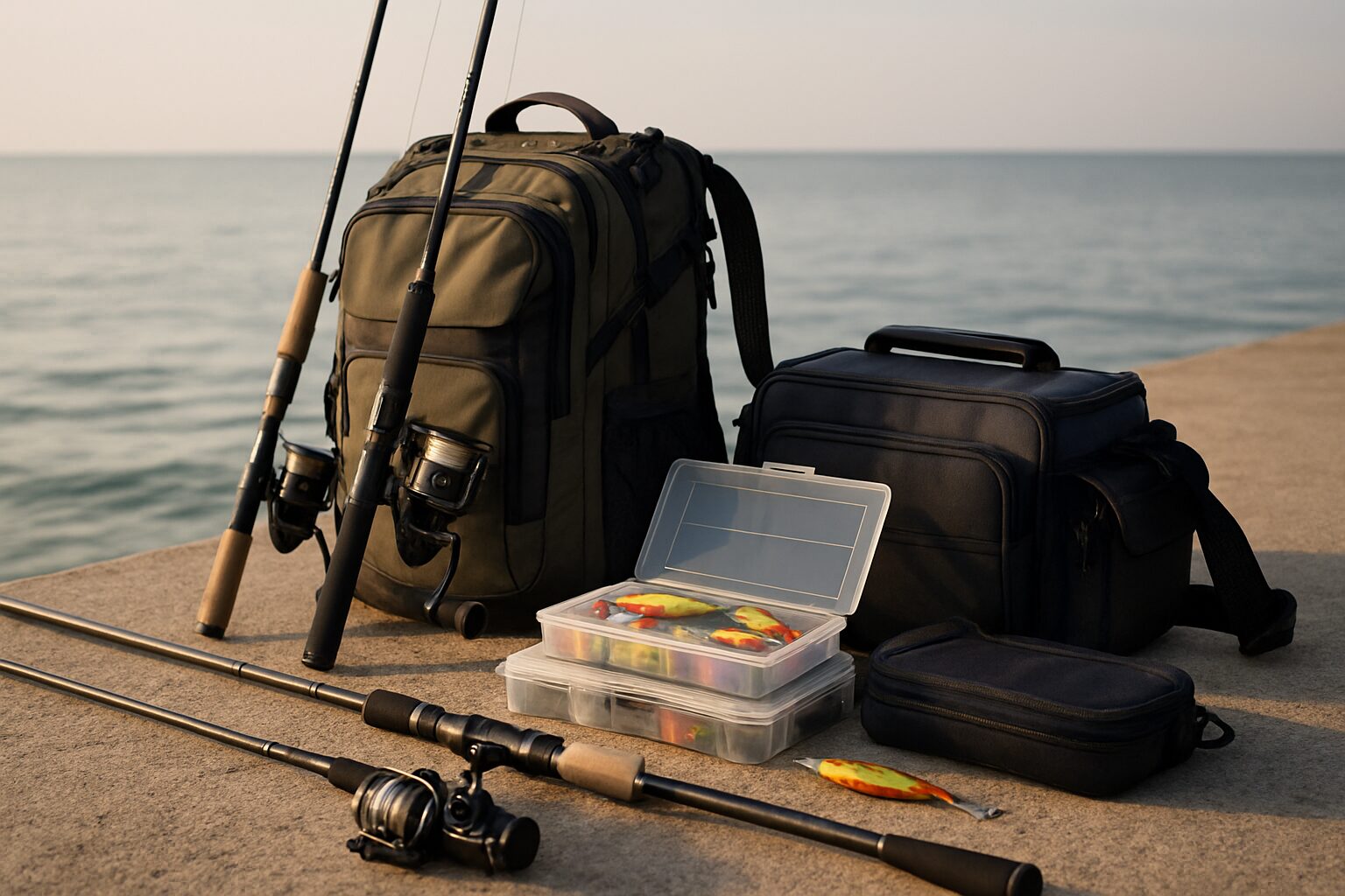釣り場の岸壁に置かれた釣り用リュックとタックルバッグ、ロッドや道具類が整然と並んでいる