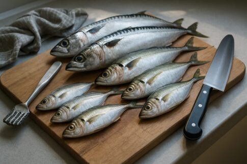 木製まな板の上に並べられた新鮮な釣り魚と包丁・ウロコ取り