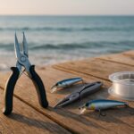 釣り用プライヤーと道具類が木製の桟橋の上に並んでいるイメージ