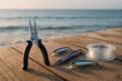 釣り用プライヤーと道具類が木製の桟橋の上に並んでいるイメージ