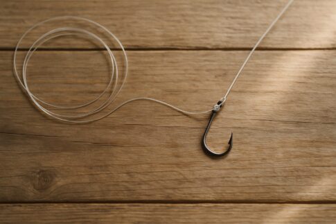 木製テーブルの上に置かれた釣り針とナイロンラインのクローズアップ俯瞰写真