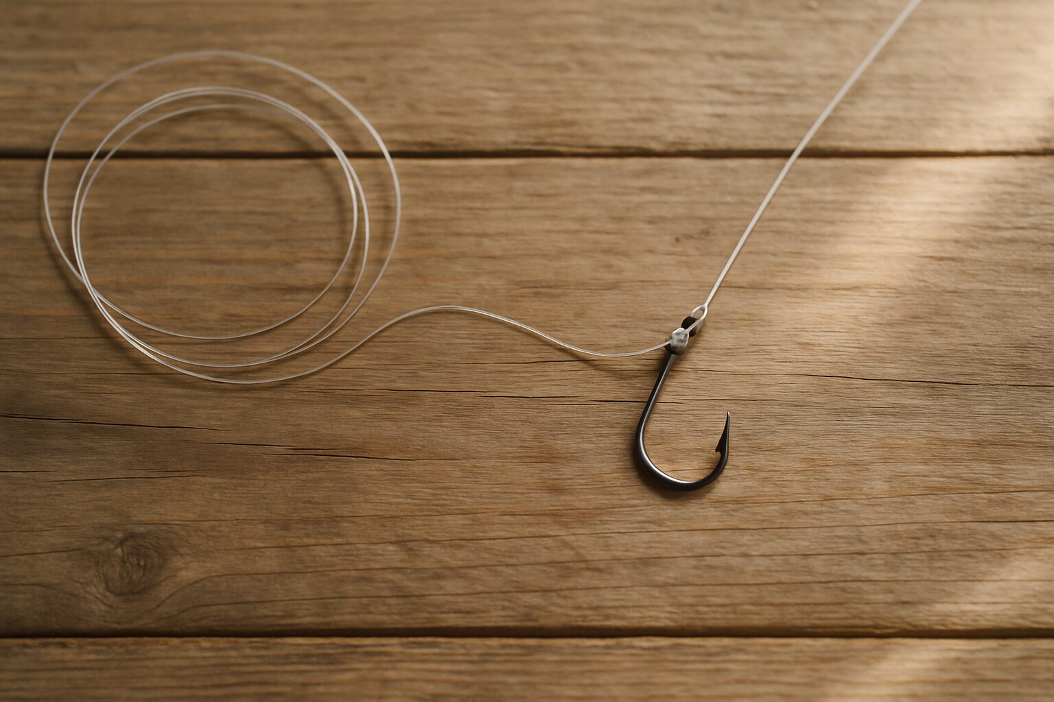 木製テーブルの上に置かれた釣り針とナイロンラインのクローズアップ俯瞰写真