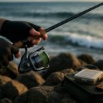 磯の波打ち際でフィッシンググローブを装着してロッドを持つ手元