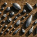 さまざまな形・サイズの釣り用オモリを木製テーブルに並べたフラットレイ写真