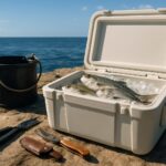 釣り場のクーラーボックスと道具が並んだ様子。魚の締め方と血抜きの準備イメージ。