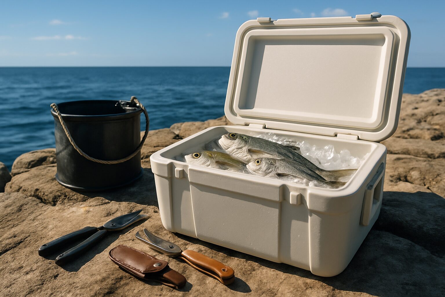 釣り場のクーラーボックスと道具が並んだ様子。魚の締め方と血抜きの準備イメージ。