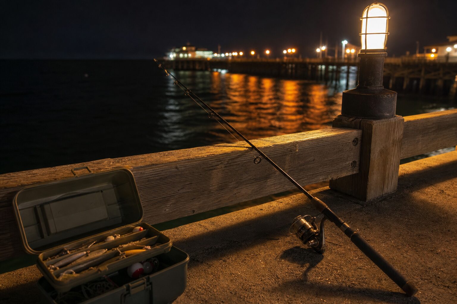 夜の堤防で常夜灯の光が水面に映り込む夜釣りのシーン