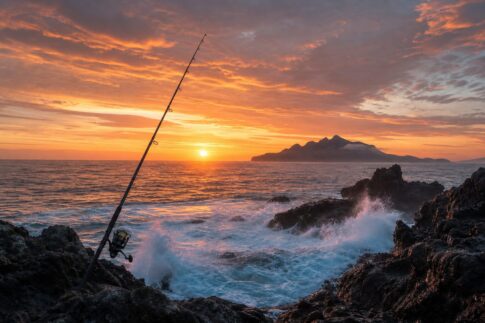 夜明けの沖磯、荒々しい岩礁と朝焼けの海