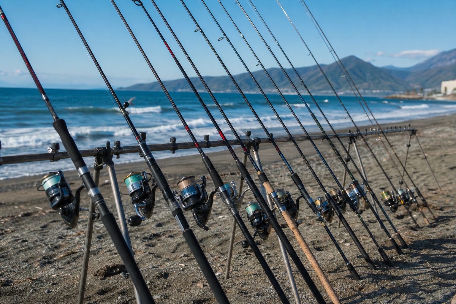 北海道の海岸沿いで開催された釣り具の試投会・展示イベントのイメージ
