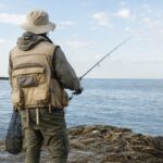 複数のポケットが付いたフィッシングベストを着用して海岸に立つアングラーの後ろ姿
