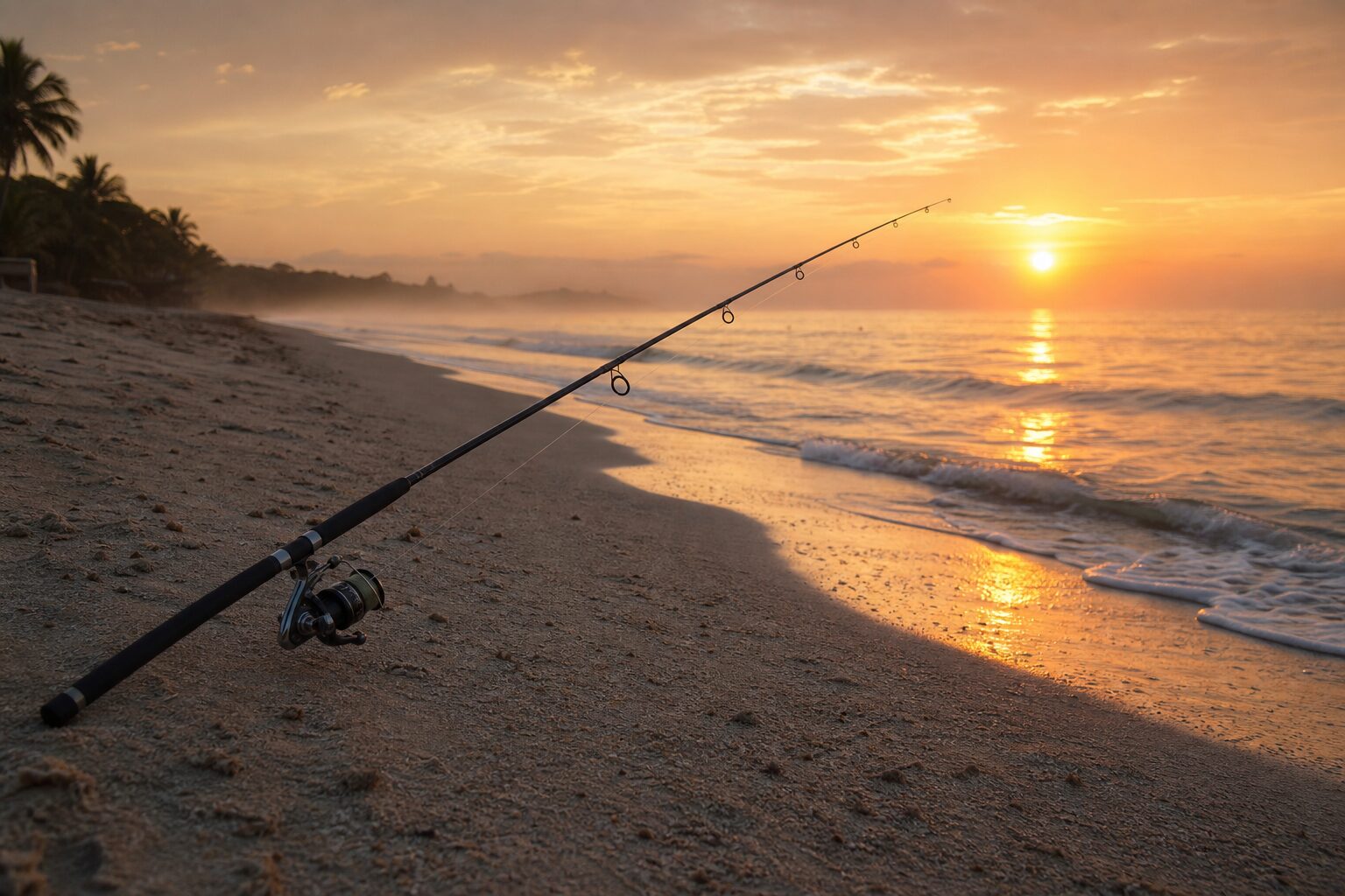 朝焼けの砂浜に立てかけられたサーフフィッシング用ロッドと静かな海