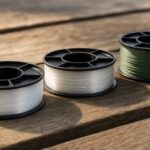 ナイロン・フロロカーボン・PEラインの3種類のスプールを並べた比較イメージ