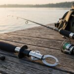 防波堤に置かれたフィッシュグリップとタックルバッグ、穏やかな海を背景にした釣り道具の写真