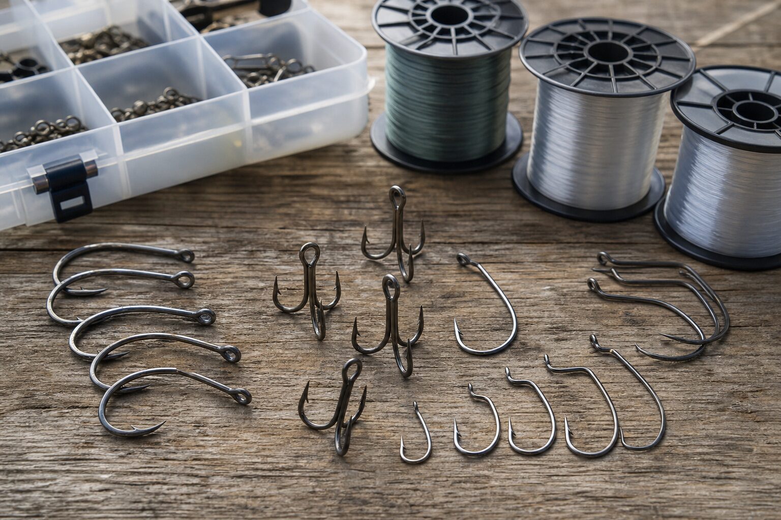 木製テーブルの上に整然と並べられた各種釣りフックと道具のフラットレイ