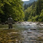 山の渓流の中にチェストウェーダーを着て立ち込む釣り人の後ろ姿