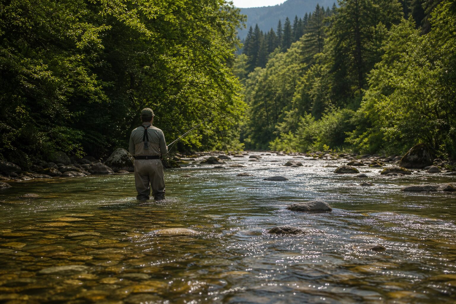 山の渓流の中にチェストウェーダーを着て立ち込む釣り人の後ろ姿