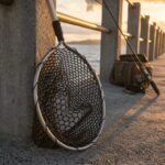 堤防の手すりにもたれかけたタモ網(ランディングネット)。背景に海面が見えるアウトドアの雰囲気