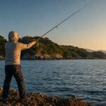 長崎の磯場でロッドを構えるアングラーのシーン