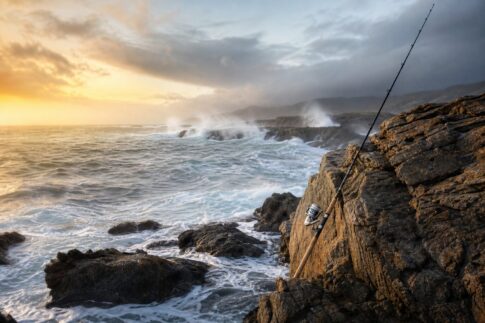 荒磯にロッドが立てかけられた夜明けのロックショアの風景